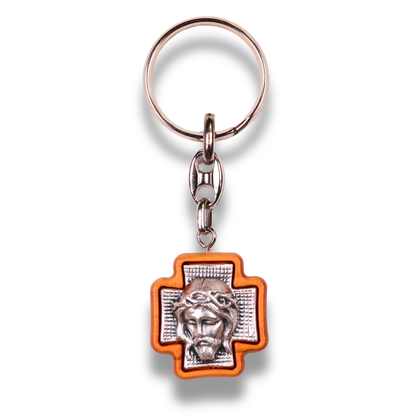 Visage Of Jesus Olive Wood Cross Keychain