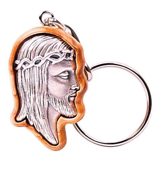 Visage Of Jesus Olive Wood Keychain Close Up