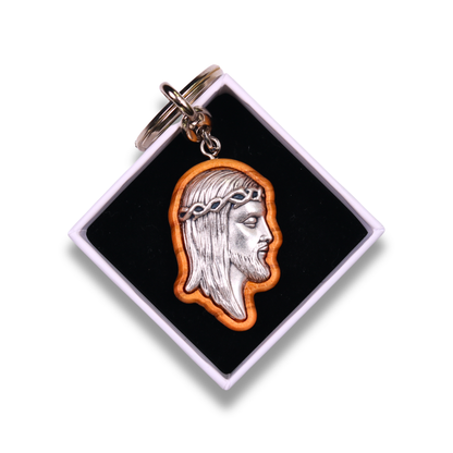 Visage Of Jesus Olive Wood Keychain In Gift Box