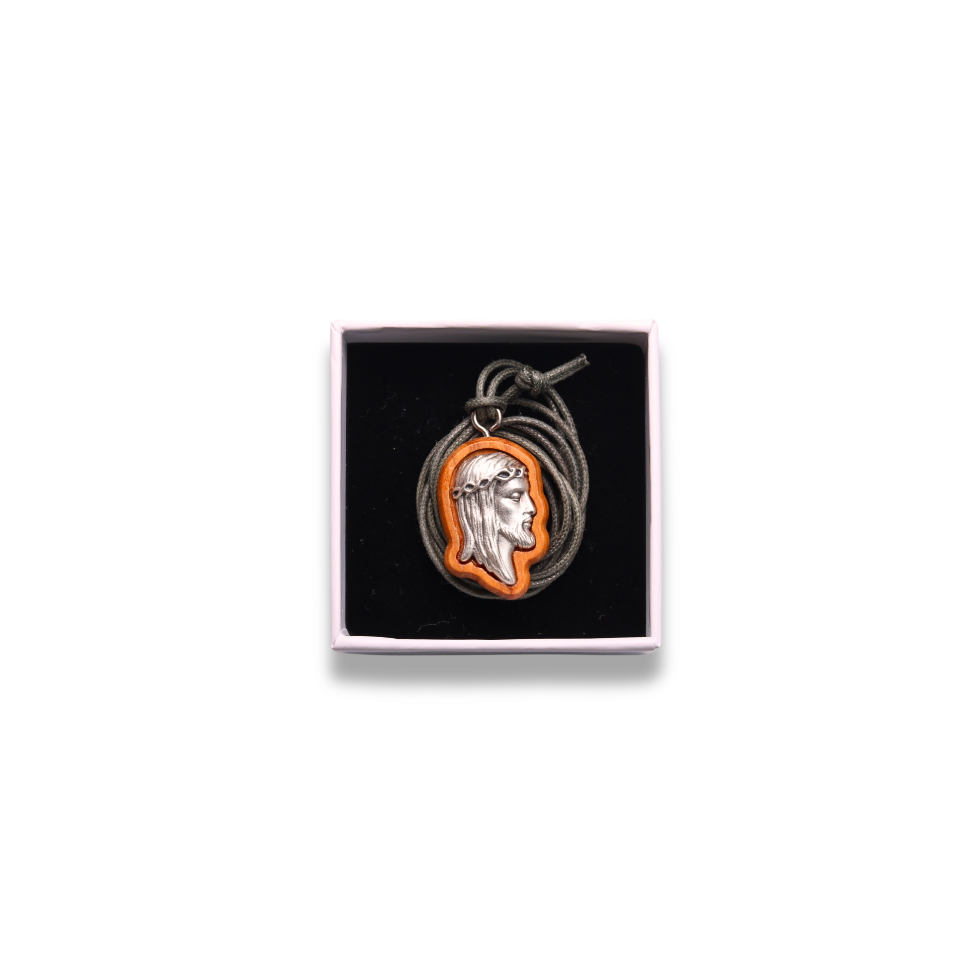 Visage of Jesus Olive Wood Necklace in a gift box