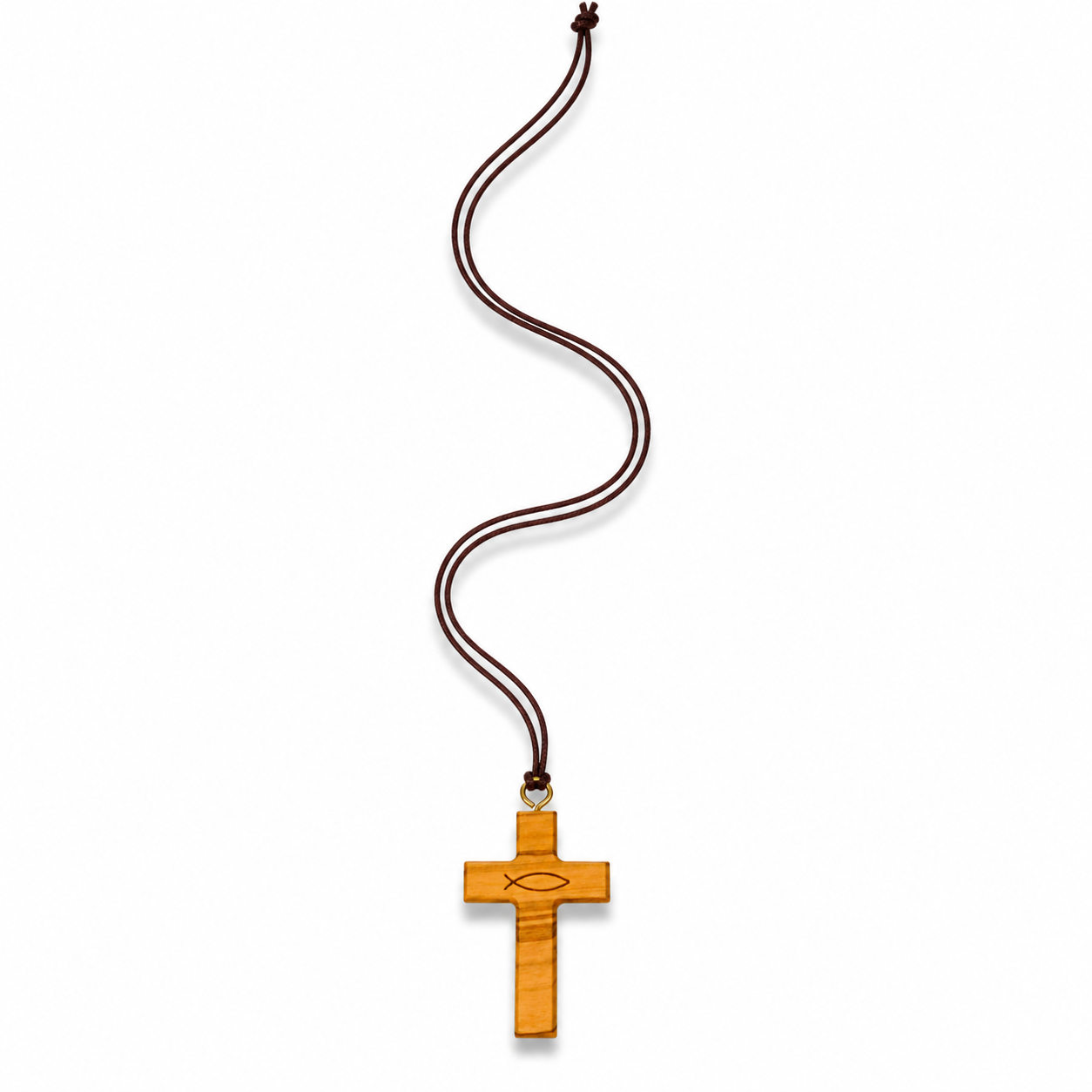 A wooden cross pendant with a stylized eye of Providence design, hanging from a dark brown cord necklace on a plain white background.