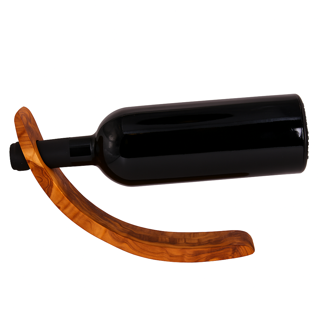 Olive wood bottle holder with a black wine bottle on a white background