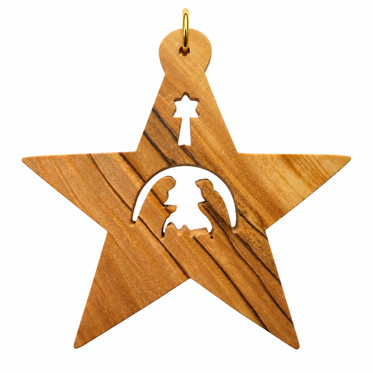 A wooden star Christmas ornament with a nativity scene cutout
