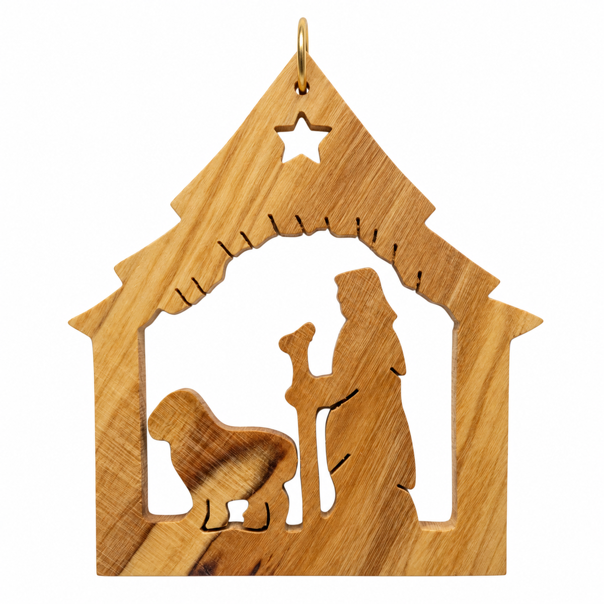 A wooden nativity ornament shaped like a stable with a star cutout at the top, featuring laser-cut figures of a shepherd and a sheep, on a solid white background.