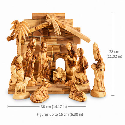Hand-carved olive wood nativity scene with a stable, figures, and animals, displayed on a neutral surface With Size Measurements