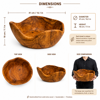 A wooden bowl shown with dimension callouts, top and side views, and a person holding it for scale on a white background. The image includes text noting measurements of 41 cm diameter and 18 cm height, plus notes about natural wood grain and handcrafted solid olive wood.
