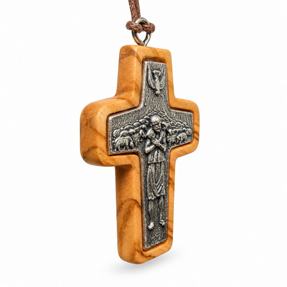 Large Good Shepherd olive wood cross necklace, 5 × 3.5 cm, angled view
