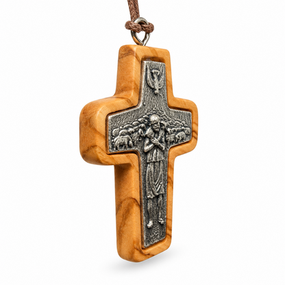 Large Good Shepherd olive wood cross necklace, 5 × 3.5 cm, angled view