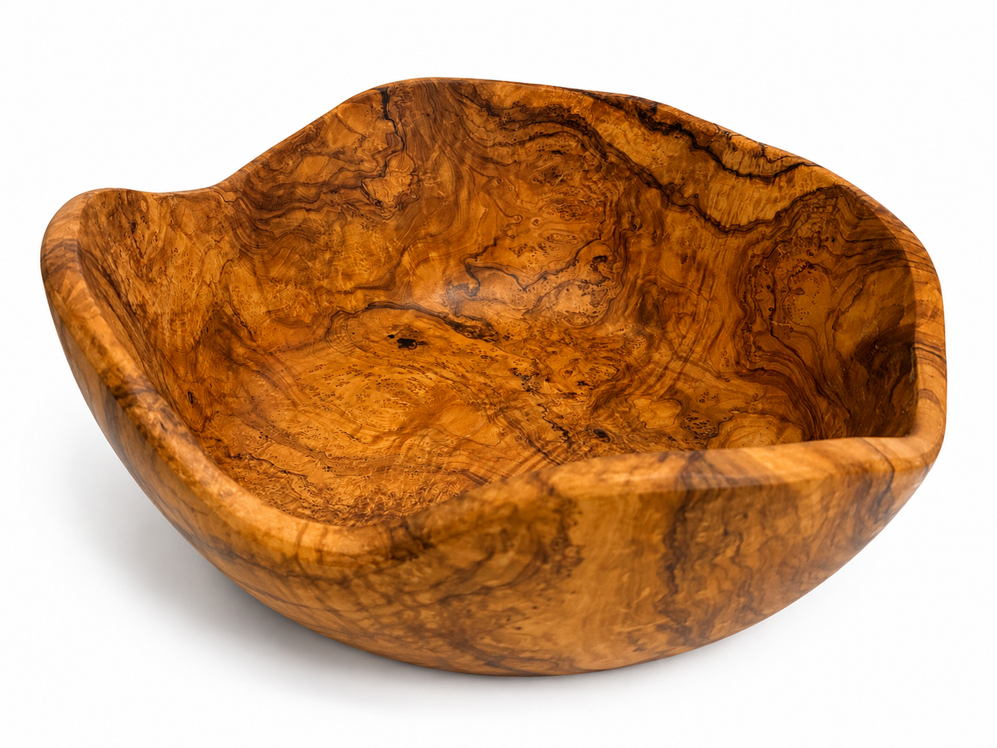 A handcrafted wooden bowl with a rich, swirling burl wood grain pattern in warm golden-brown and amber tones, photographed on a clean white background.