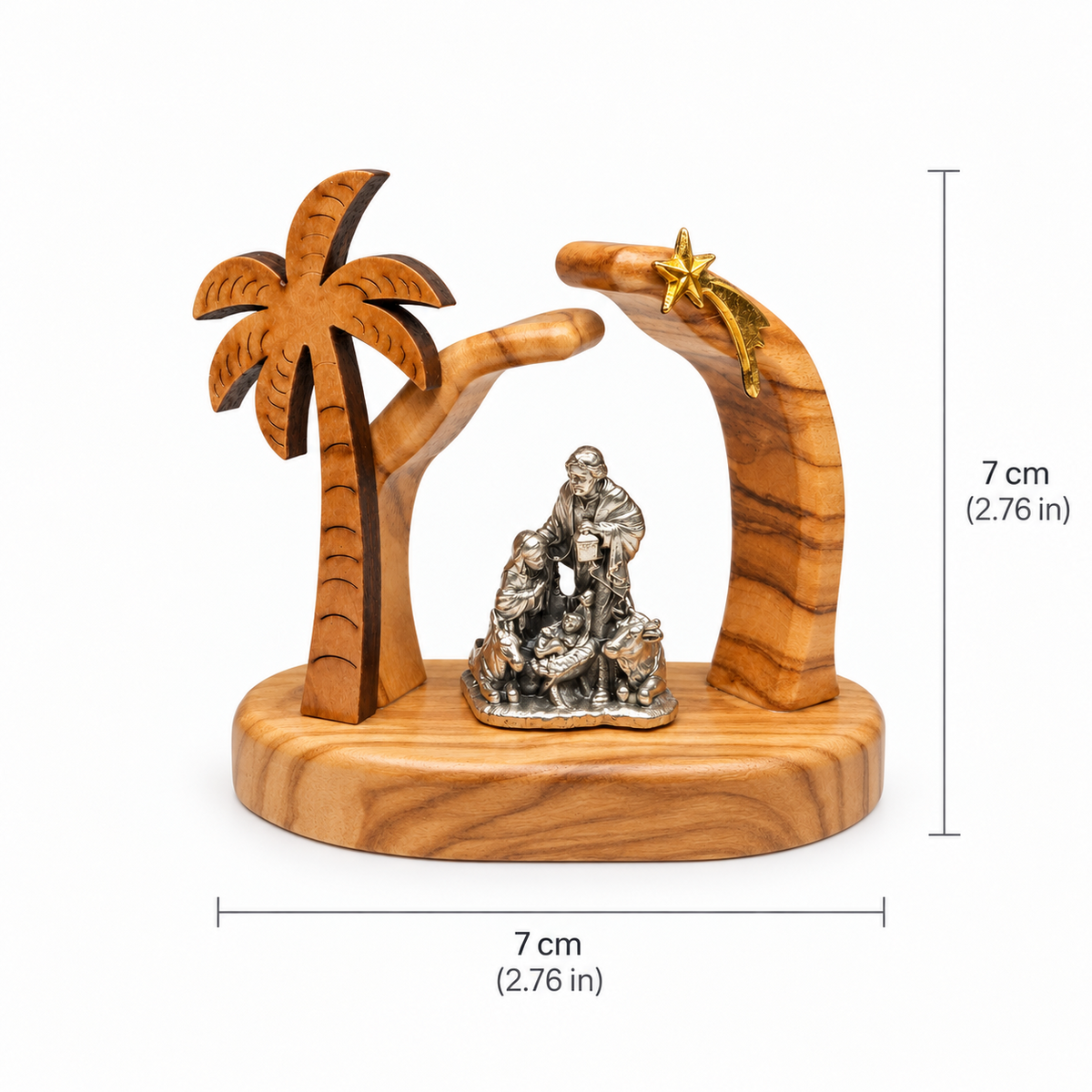 Small olive wood Holy Family nativity scene, NS294, measuring 7 cm (2.76 in) high and wide
