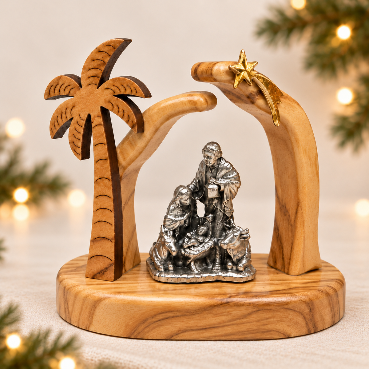 Large olive wood Holy Family nativity scene handmade in Bethlehem in a warm Christmas setting.