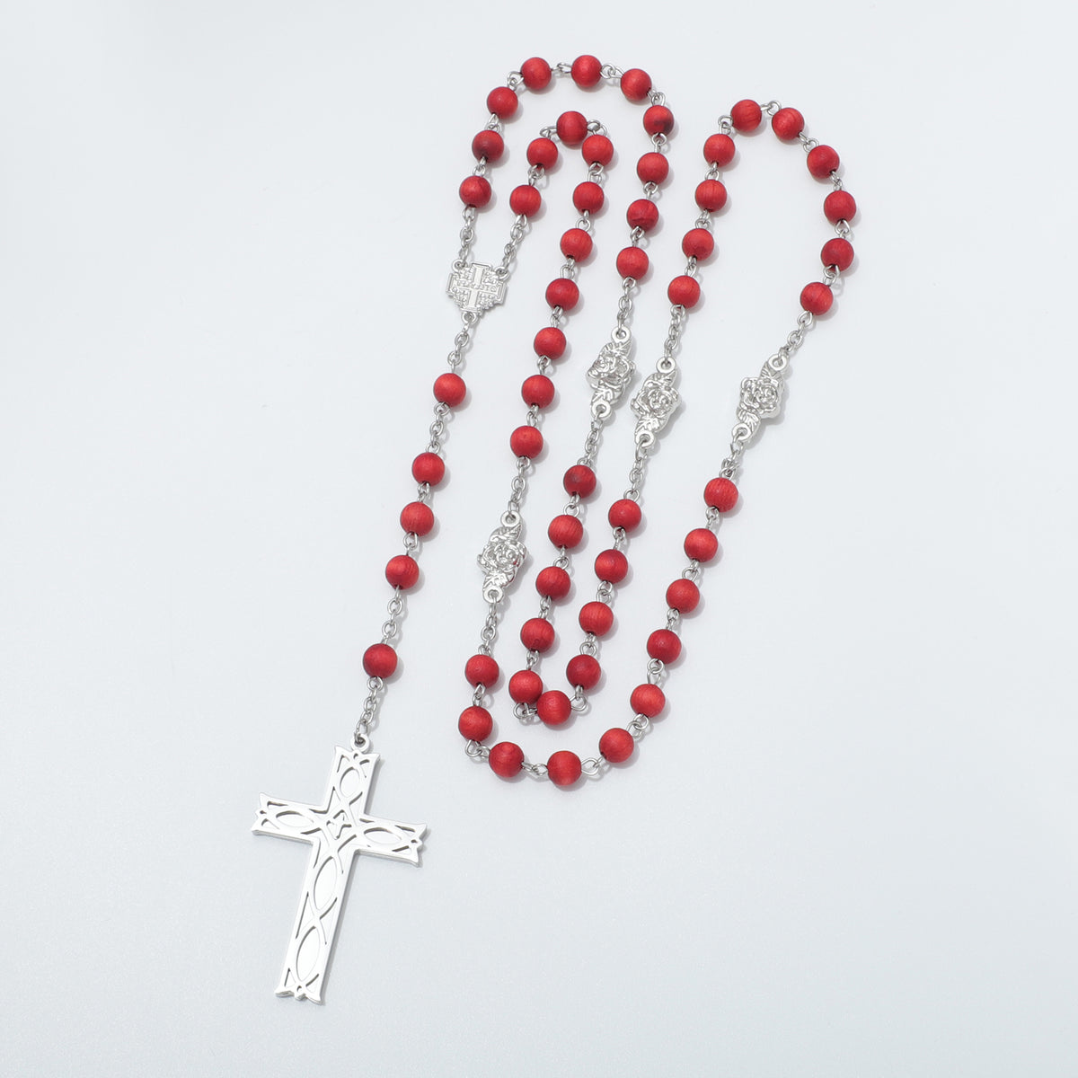 Jerusalem Cross rosary with red wooden beads and silver toned Ichthus Cross