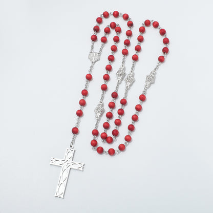 Jerusalem Cross rosary with red wooden beads and silver toned Ichthus Cross