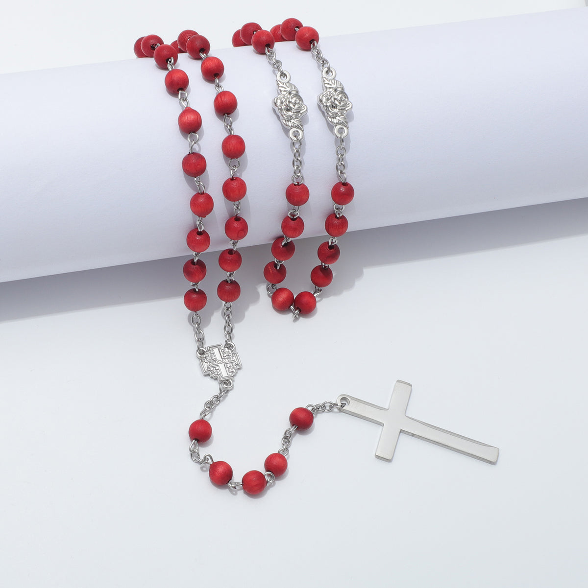 Jerusalem Cross rosary with red wooden beads handcrafted in Nazareth