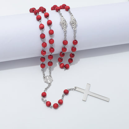 Jerusalem Cross rosary with red wooden beads handcrafted in Nazareth