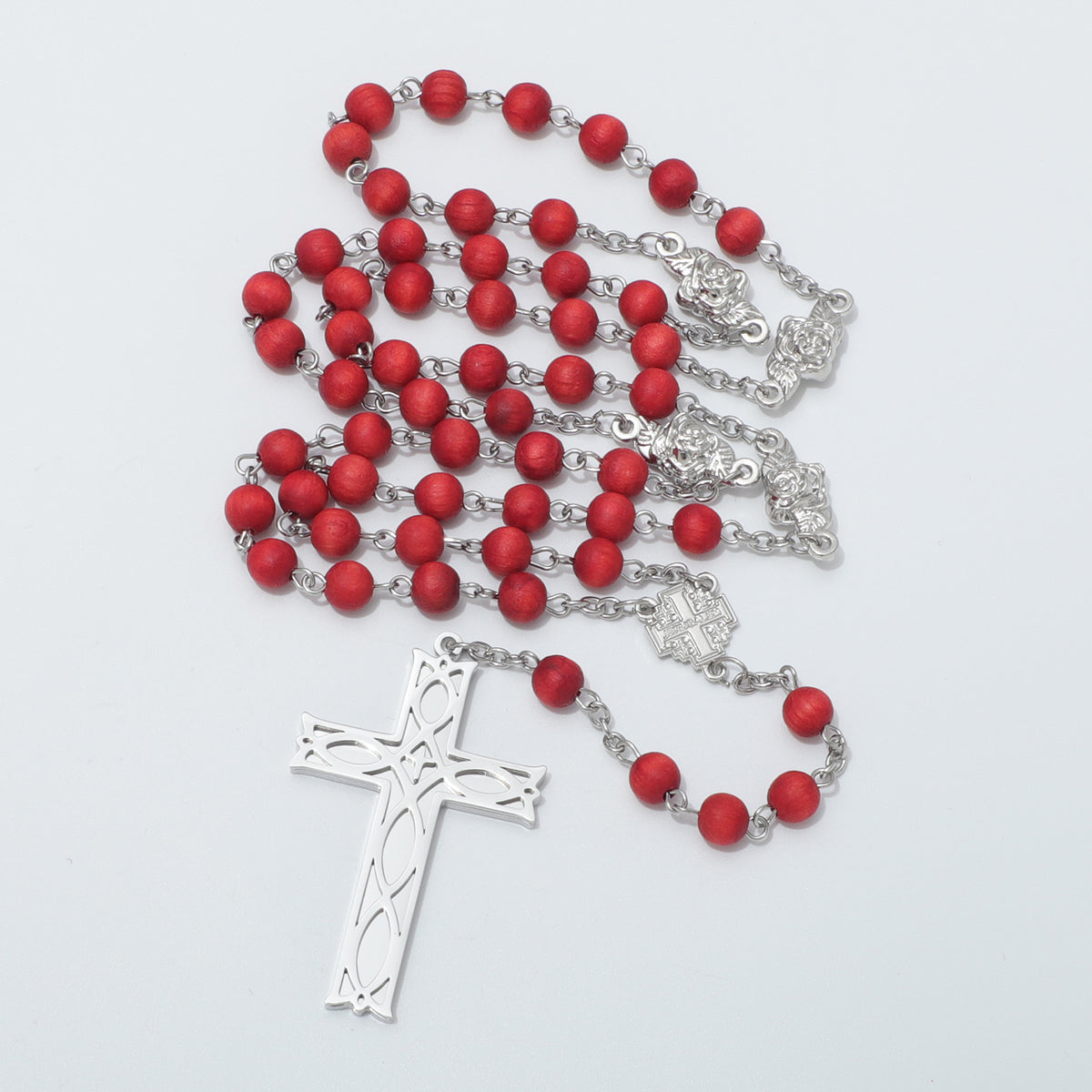 Jerusalem Cross rose scented five-decade rosary with Ichthus Cross