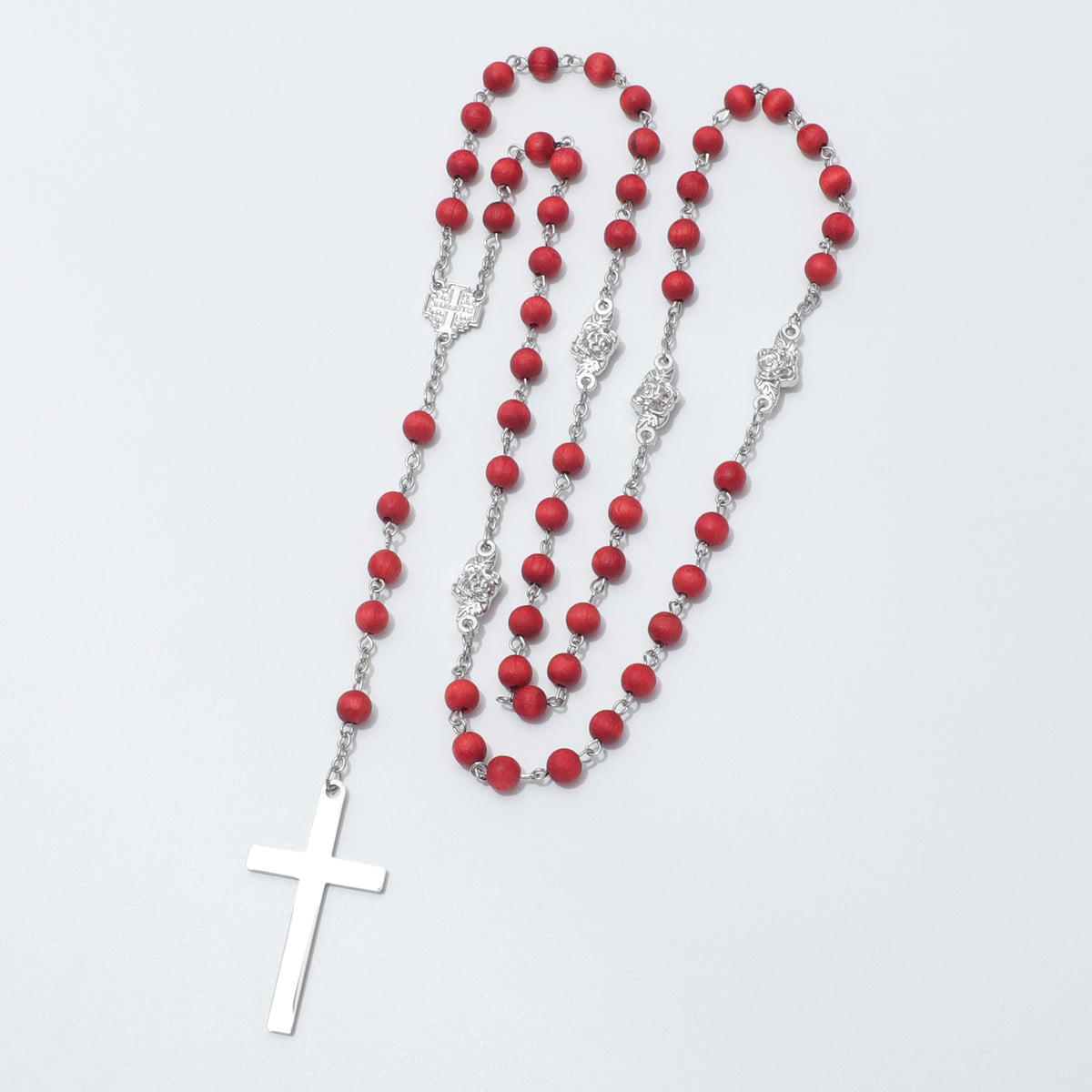 Jerusalem Cross rose scented five-decade rosary with red wooden beads