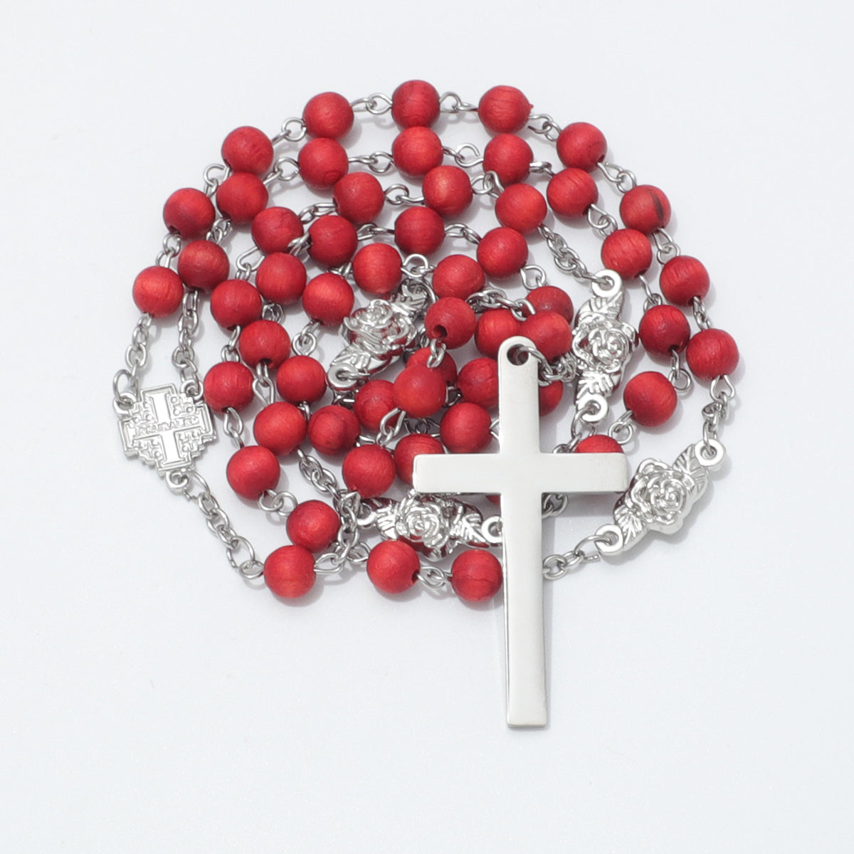 Jerusalem Cross rose scented rosary with silver toned rose connectors and cross