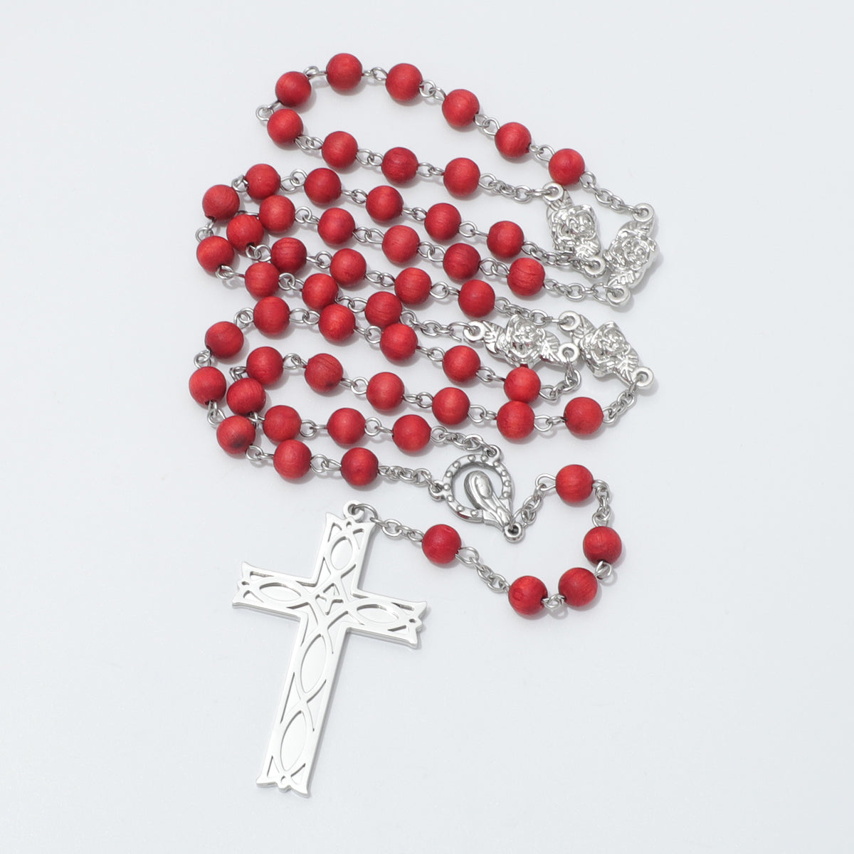 Maria Ichthus Cross rose scented five-decade rosary with red wooden beads