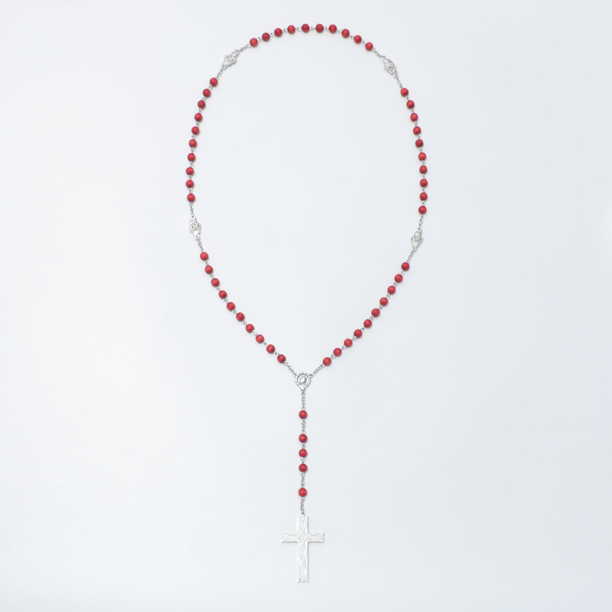 Maria rose scented rosary with red wooden beads, silver roses and Ichthus Cross
