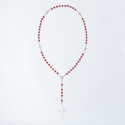 Maria rose scented rosary with red wooden beads, silver roses and Ichthus Cross
