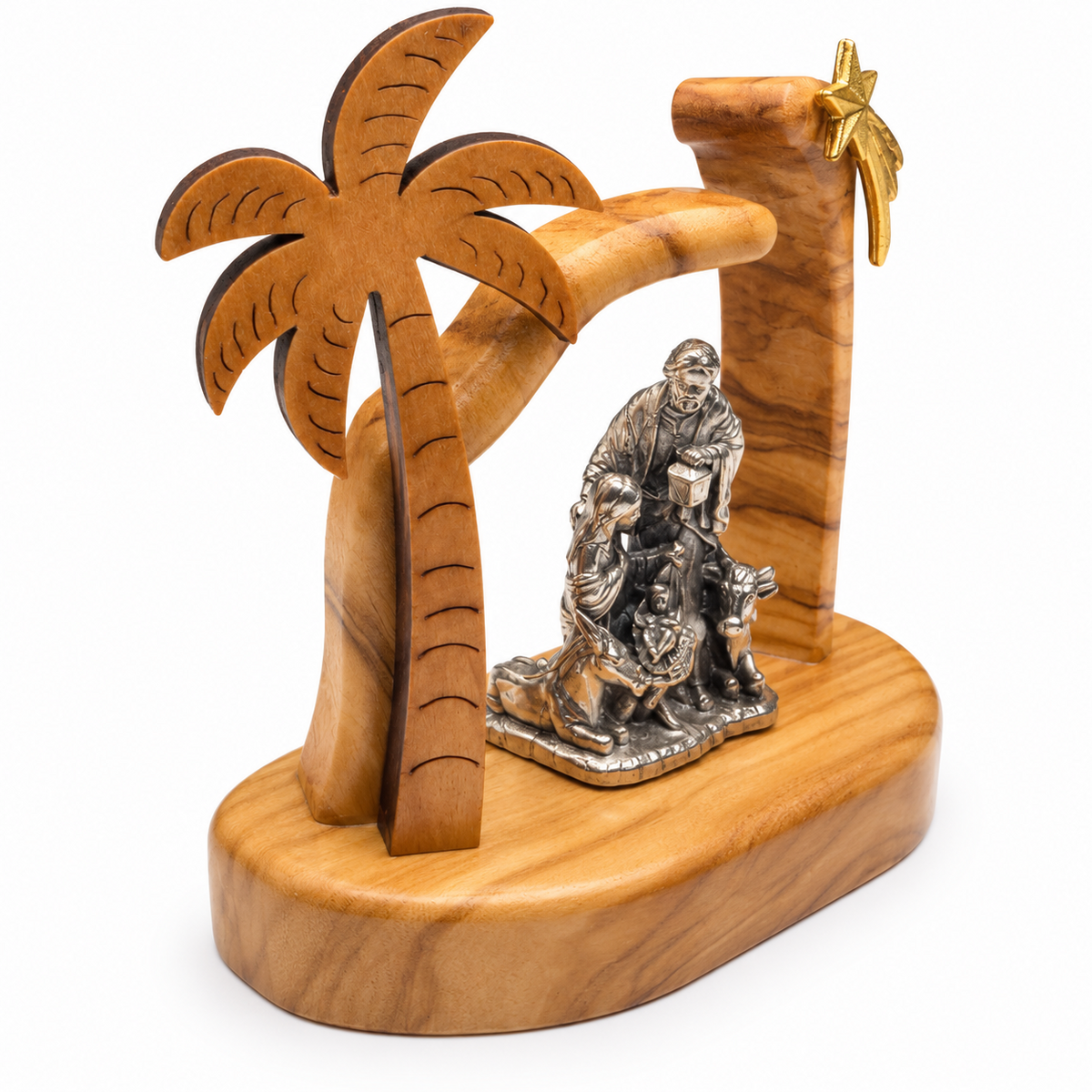 Angled view of the small olive wood nativity scene showing the Holy Family and palm tree