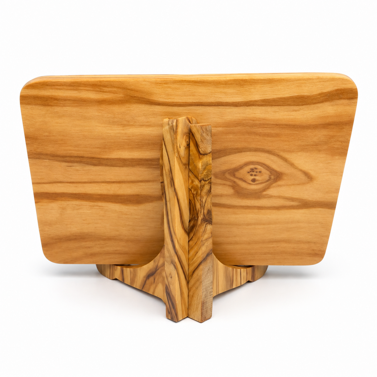 Back of the olive wood scripture plaque showing the natural wood grain and central wooden display stand.