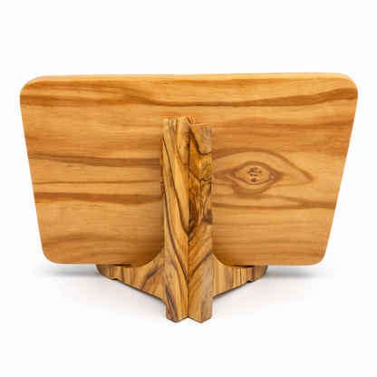 Back view of the olive wood scripture plaque with a central wooden stand and distinctive grain patterns.