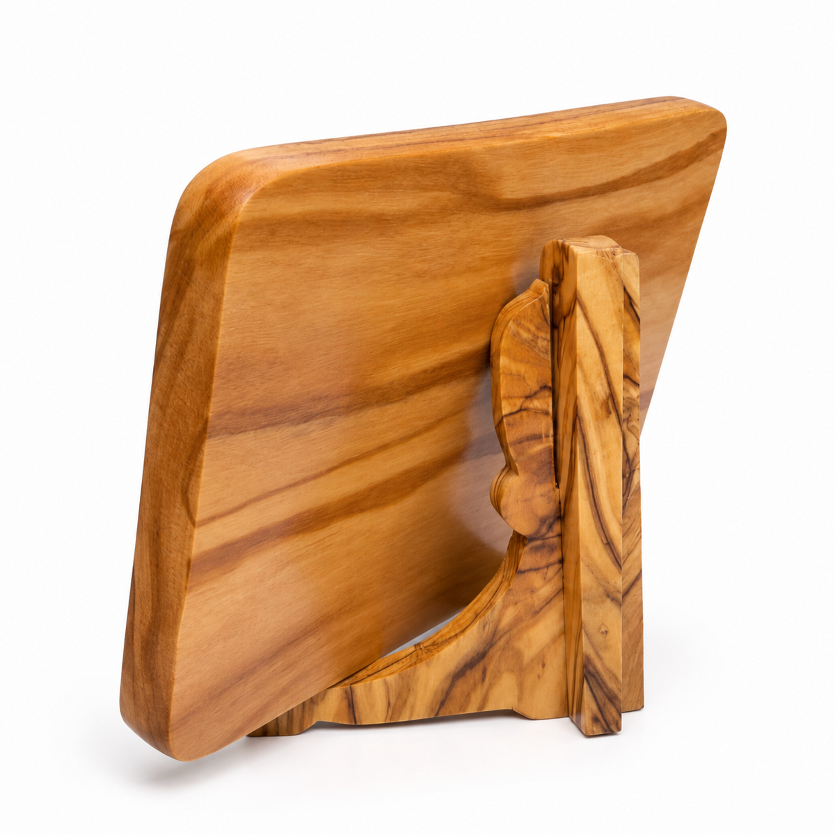 Angled rear view of the olive wood plaque showing the natural wood grain and shaped wooden support.