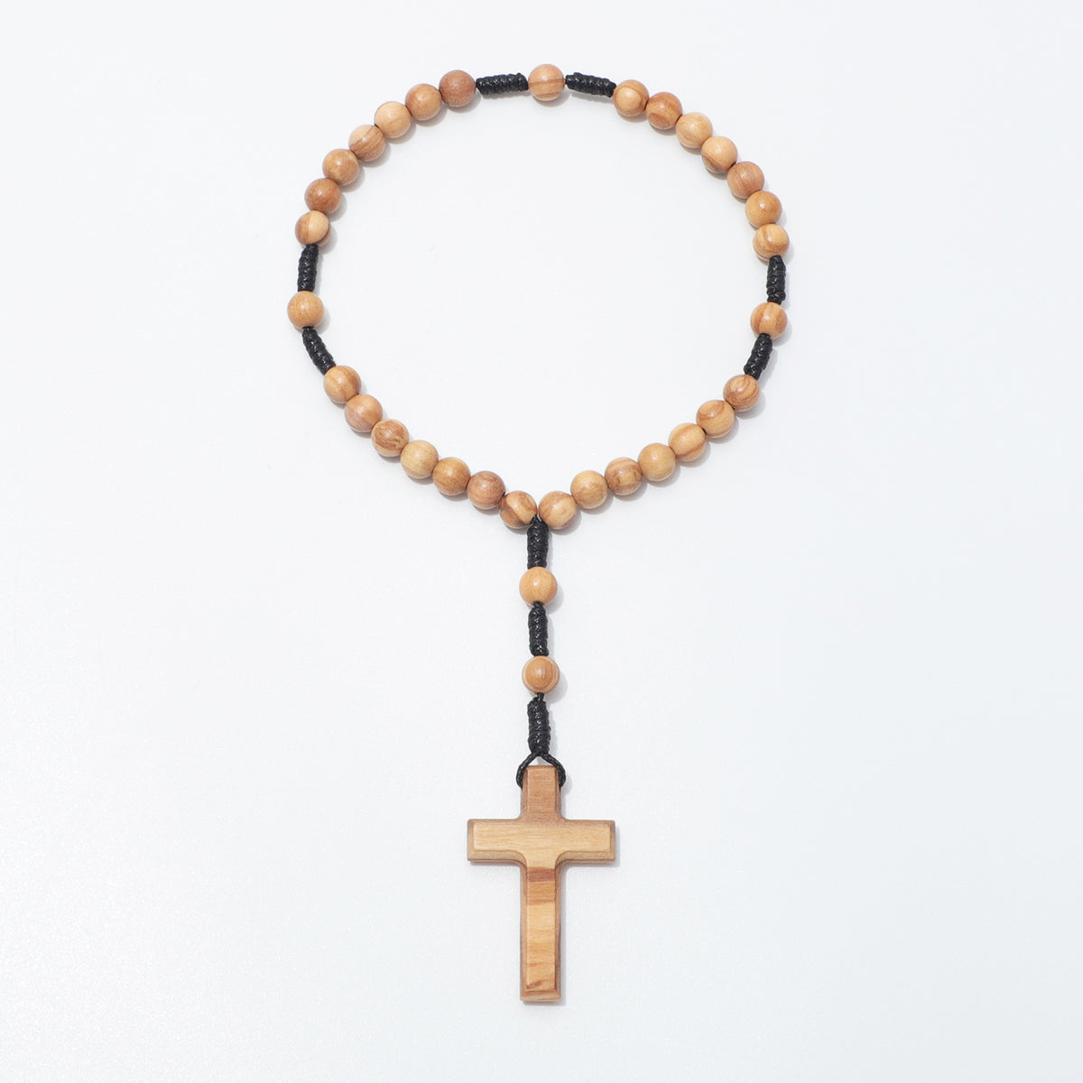 Full view of olive wood 33-bead prayer beads with 6mm beads and cross on black cord