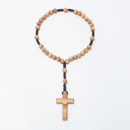 Full view of olive wood 33-bead prayer beads with 6mm beads and cross on black cord