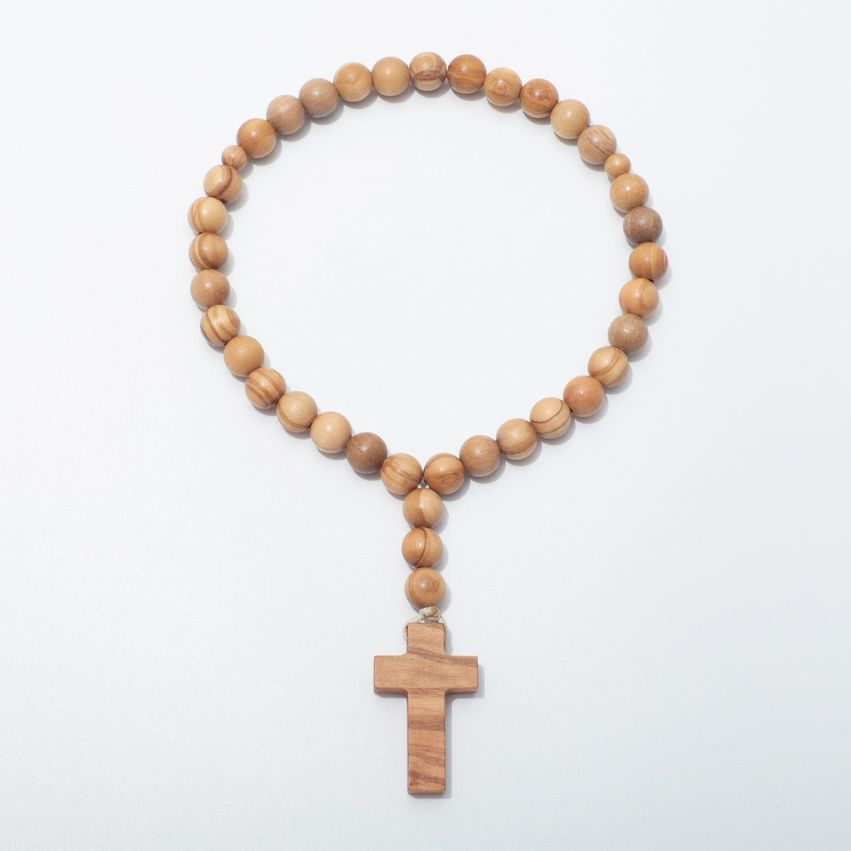 Full view of olive wood Jesus Prayer Beads with 33 main beads and a plain wooden cross
