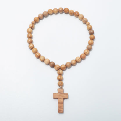 Full view of olive wood Jesus Prayer Beads with 33 main beads and a plain wooden cross