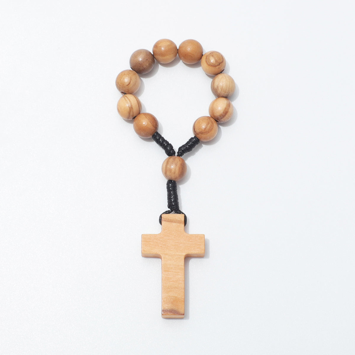 Olive wood one-decade rosary with plain cross and 10mm beads on black knotted cord