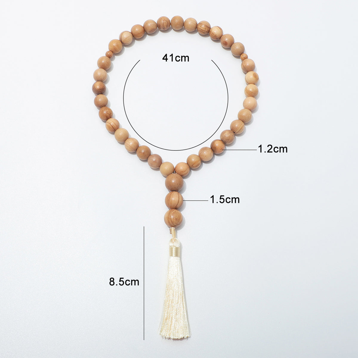 Prayer bead dimensions: 41 cm loop circumference, 12 mm main beads, 15 mm drop beads and 8.5 cm tassel