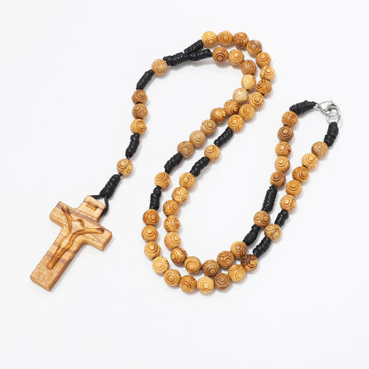 Olive wood rosary necklace with engraved 6 mm beads and hand carved crucifix.