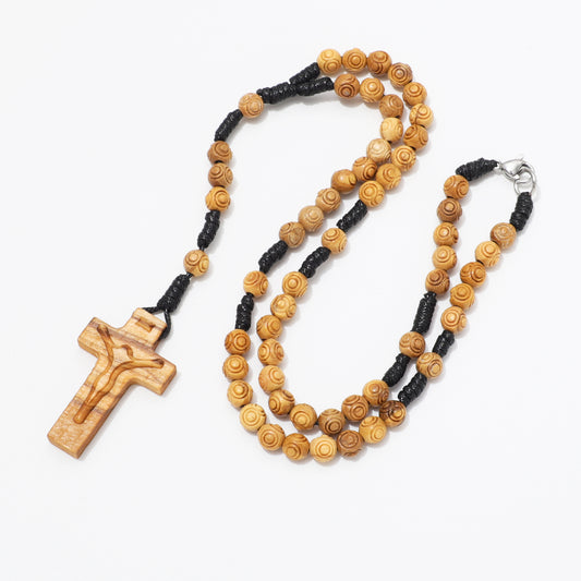 Olive wood rosary necklace with engraved 6 mm beads and hand carved crucifix.