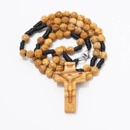 Handcrafted olive wood rosary necklace with engraved 6 mm beads and carved olive wood crucifix.