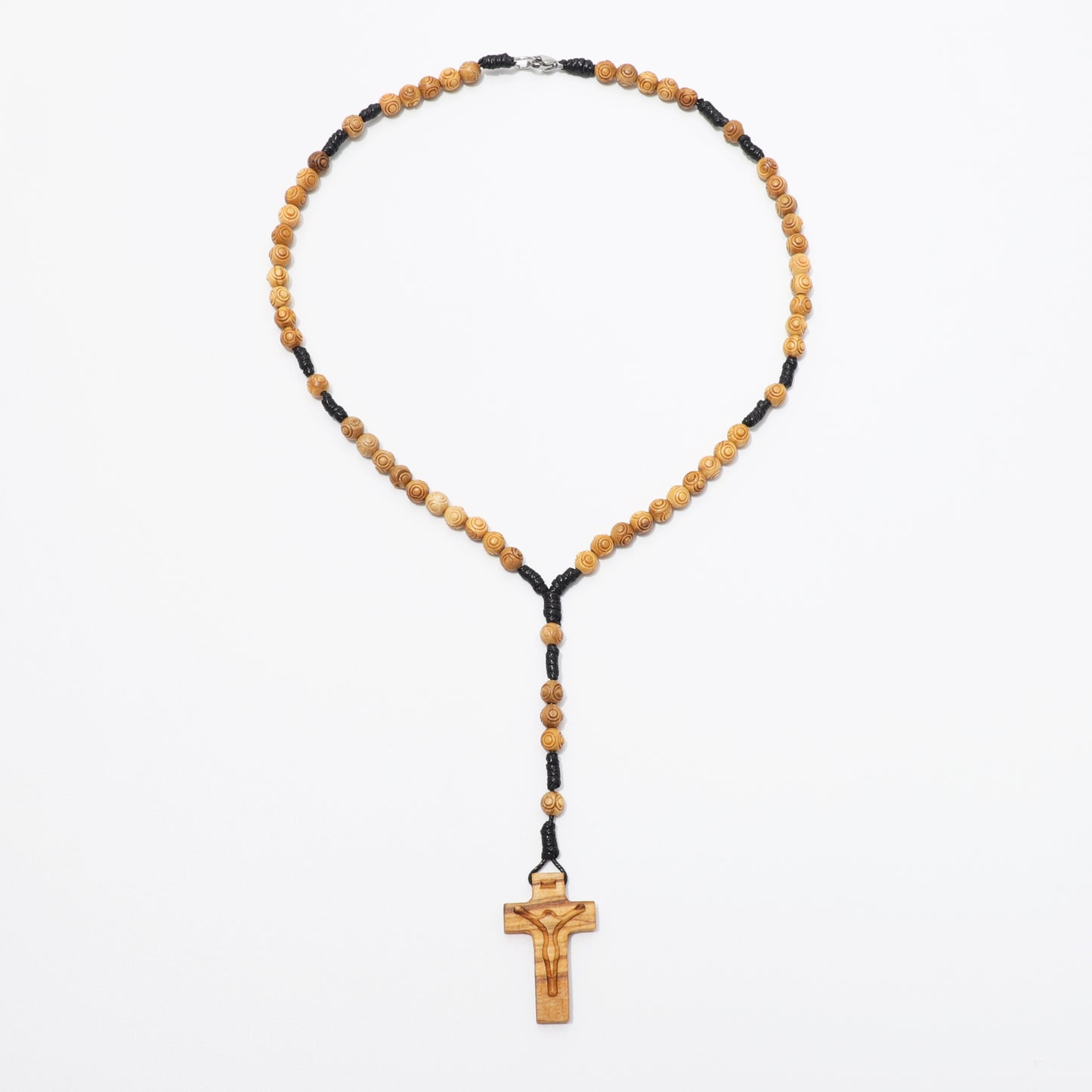 Full view of handcrafted olive wood rosary necklace with engraved 6 mm beads.