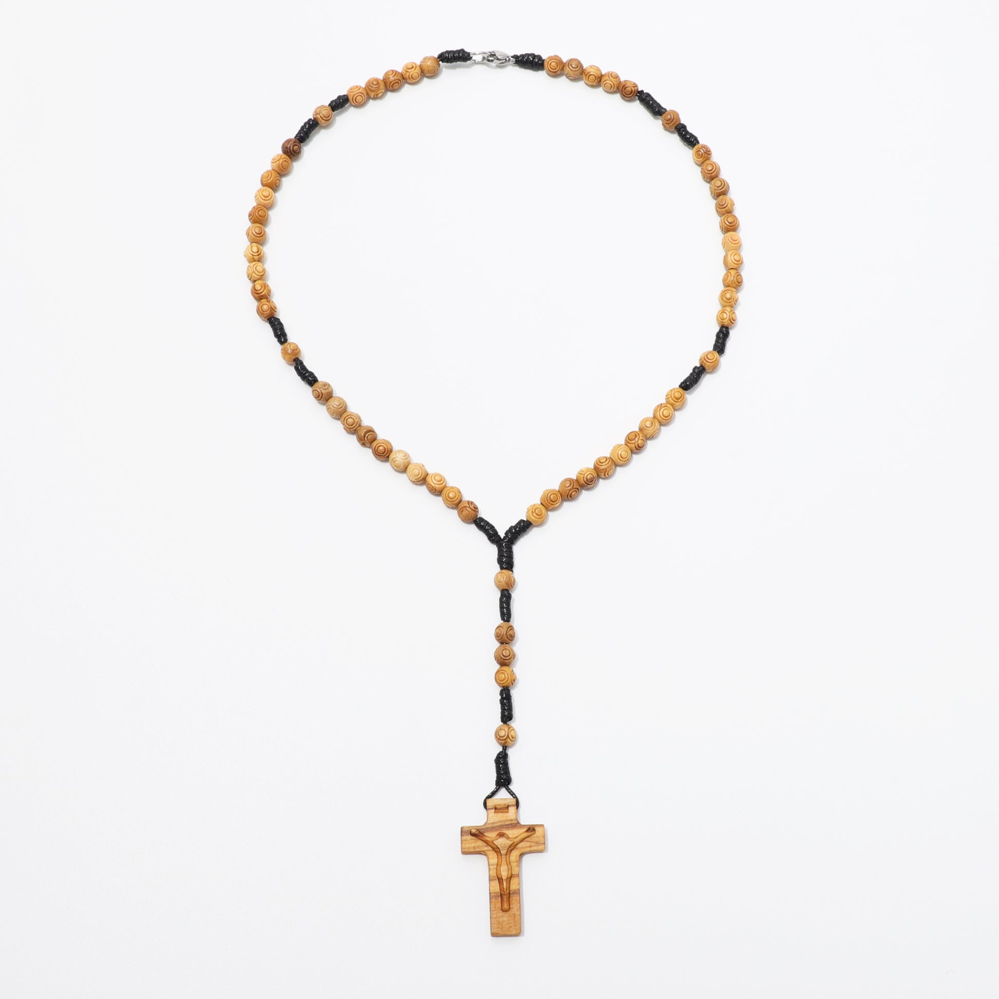 Full view of handcrafted olive wood rosary necklace with engraved 6 mm beads.