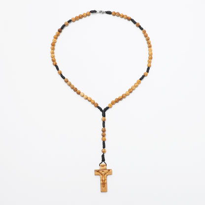 Full view of handcrafted olive wood rosary necklace with engraved 6 mm beads.