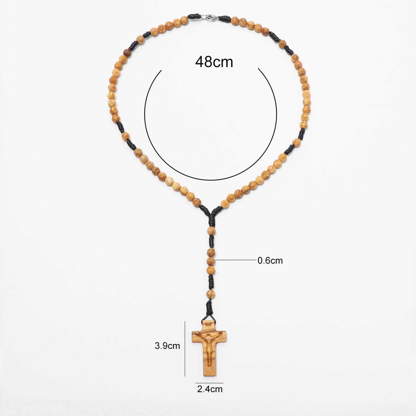 Dimensions of olive wood rosary necklace with engraved 6 mm beads and carved crucifix.