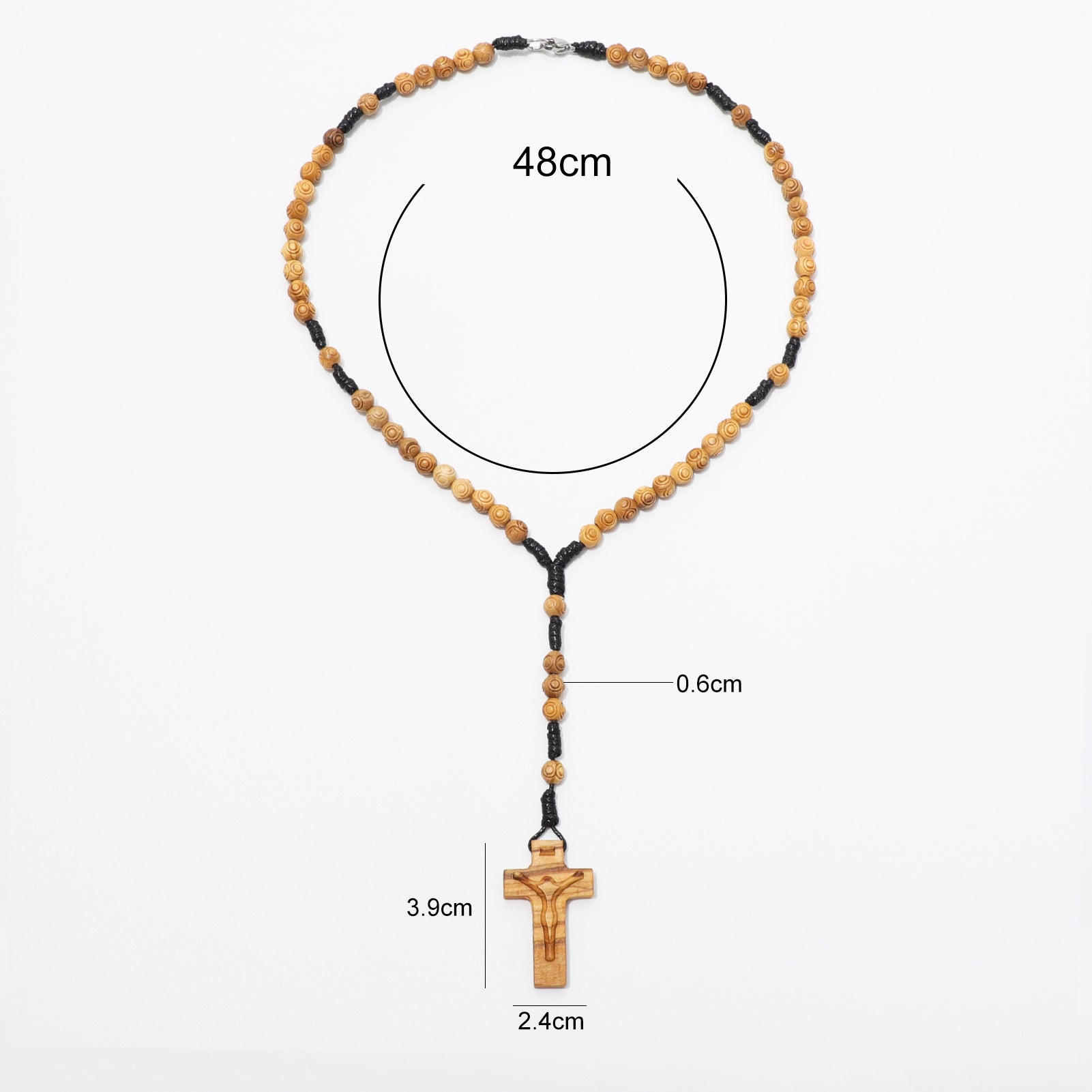 Dimensions of olive wood rosary necklace with engraved 6 mm beads and carved crucifix.