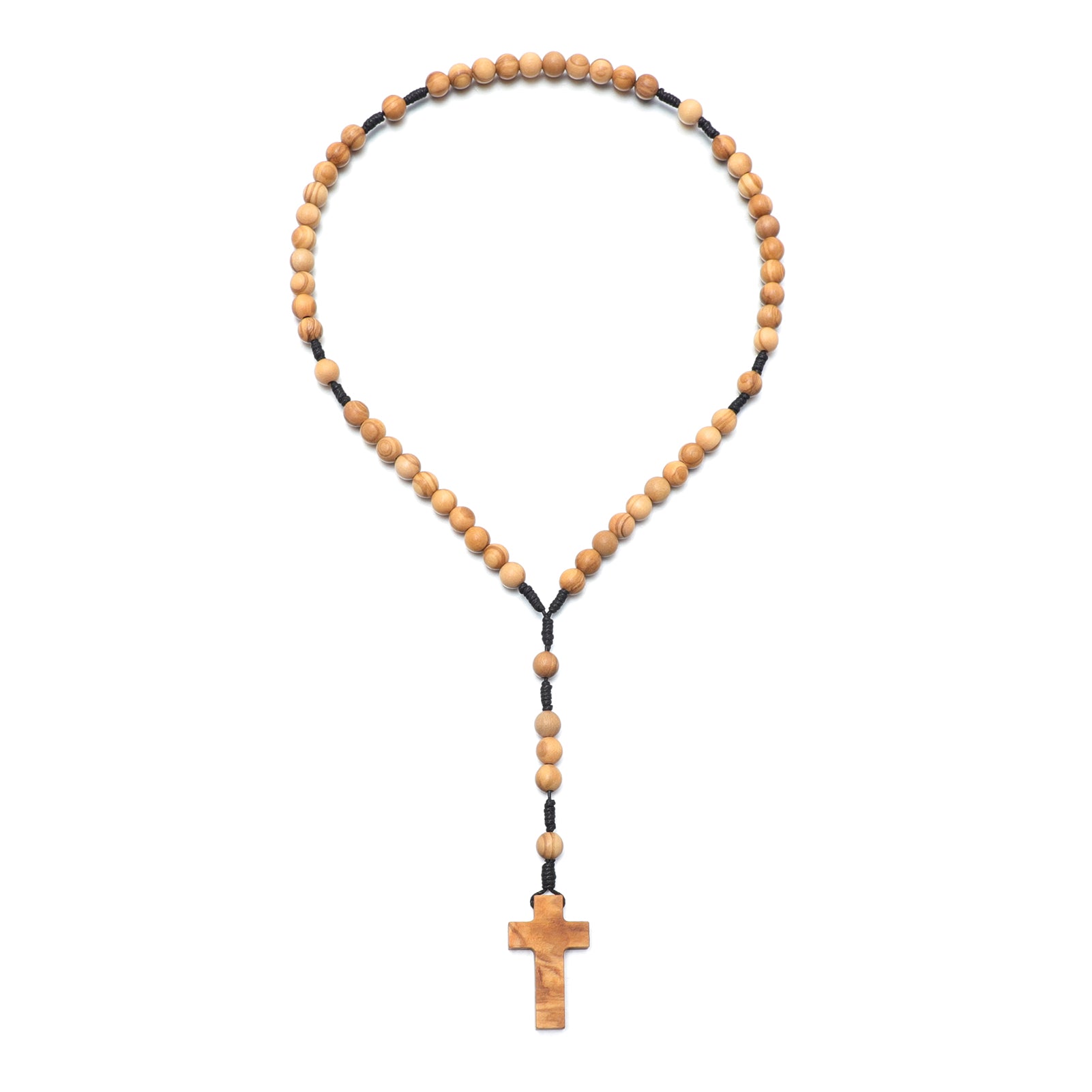 Wooden rosary necklace with a cross on a white background