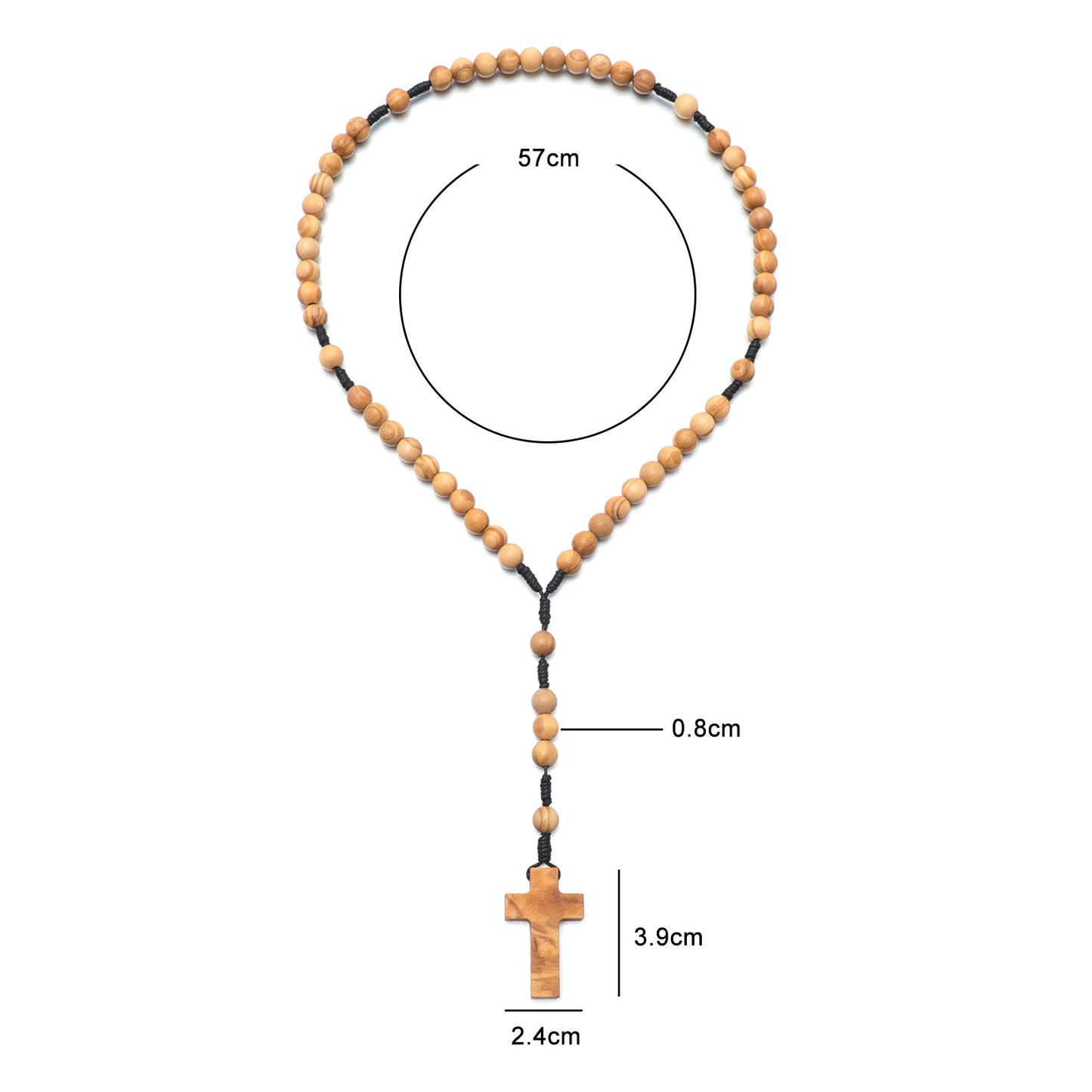 Wooden rosary necklace with measurements on a white background