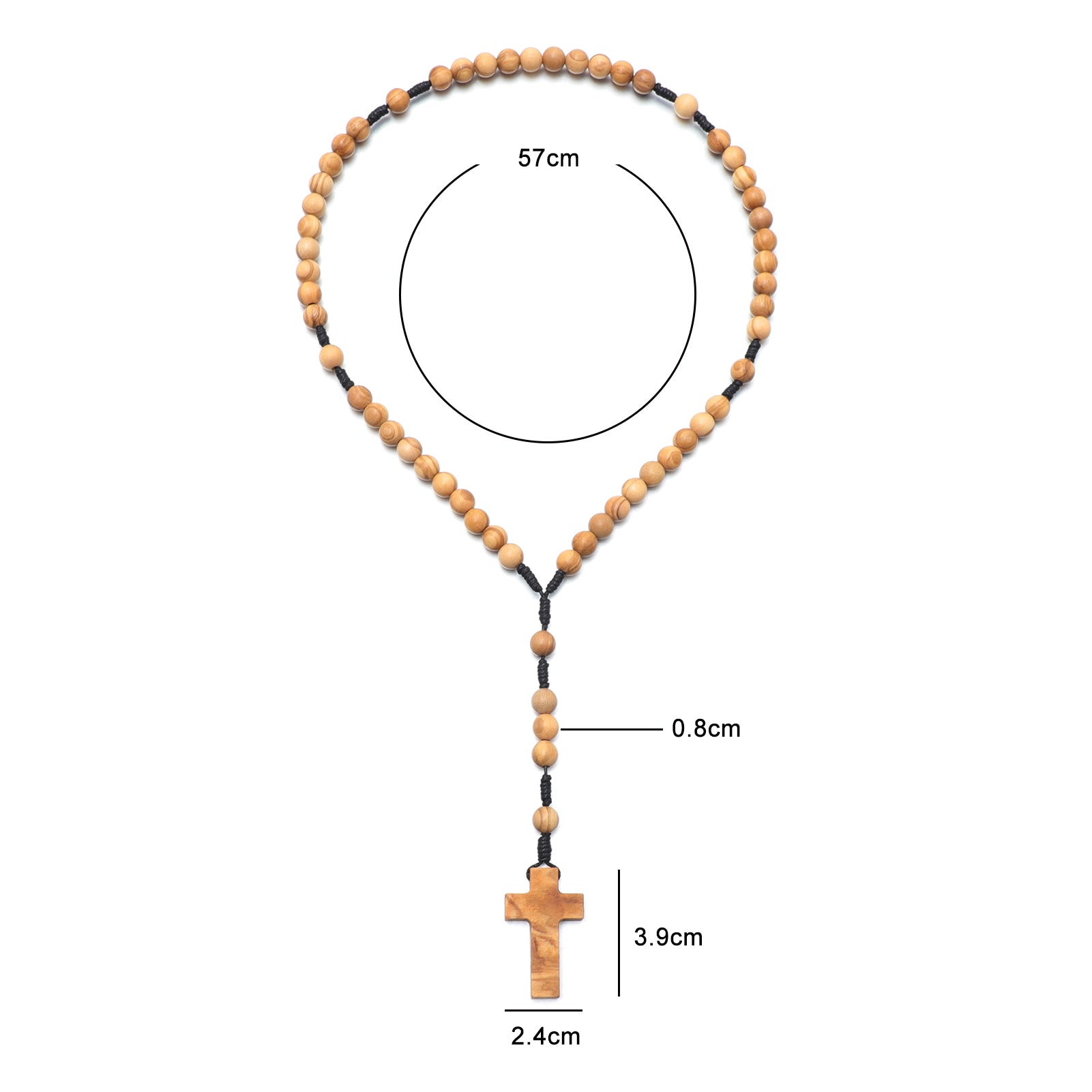 Wooden rosary necklace with measurements on a white background