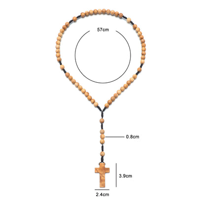 Wooden rosary necklace with measurements on a white background