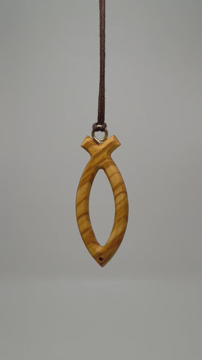 Olive wood Ichthus symbol cross necklace Video