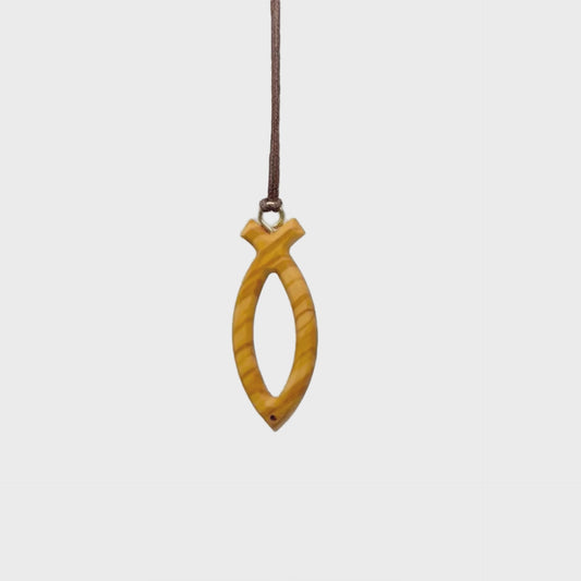Olive wood Ichthus symbol cross necklace rotating
