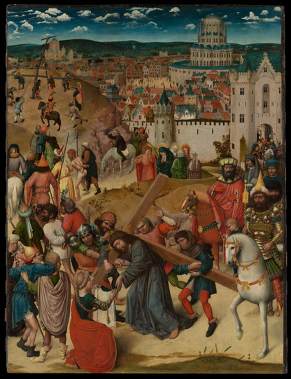 A medieval-style religious painting showing a crowd carrying a wooden cross toward a city, with a white horse, figures in colorful robes, and a fortified town under a blue sky.